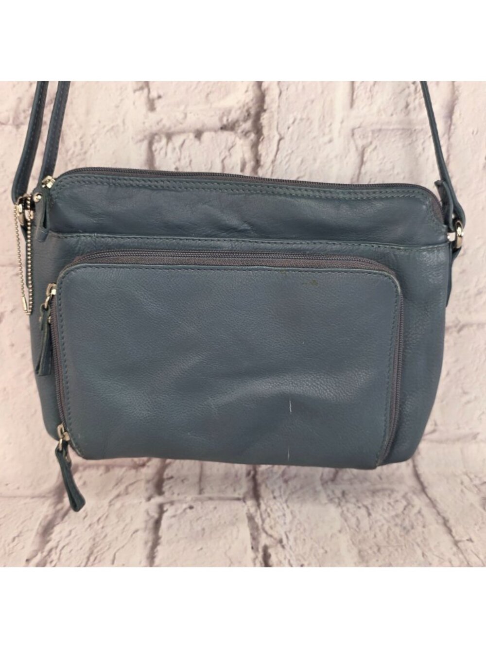 Great American Leather Works Crossbody Bag Blue Gray Multi Pocket Leather Purse - Picture 2 of 16